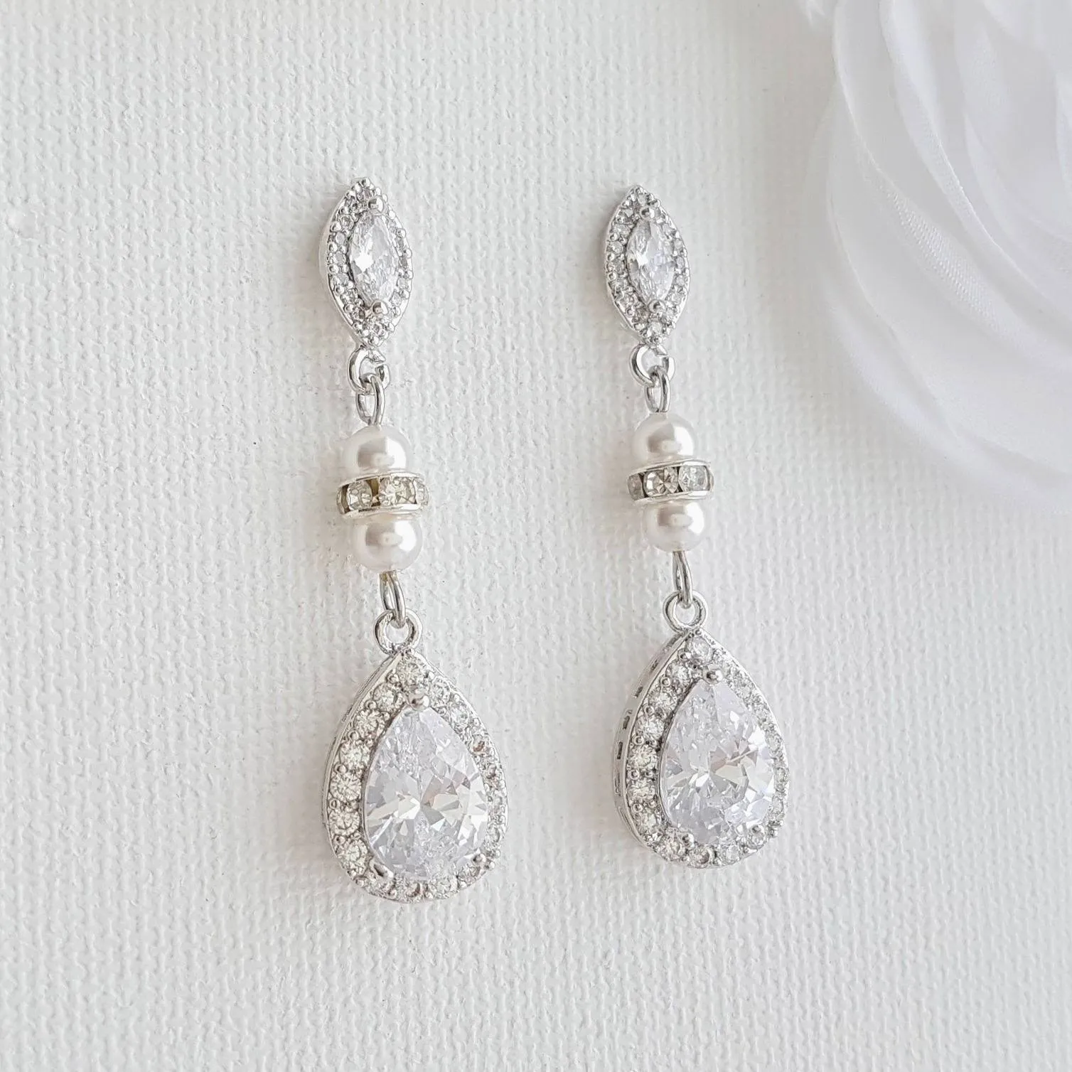 Rose Gold & Pearl Wedding Drop Earrings-Ella