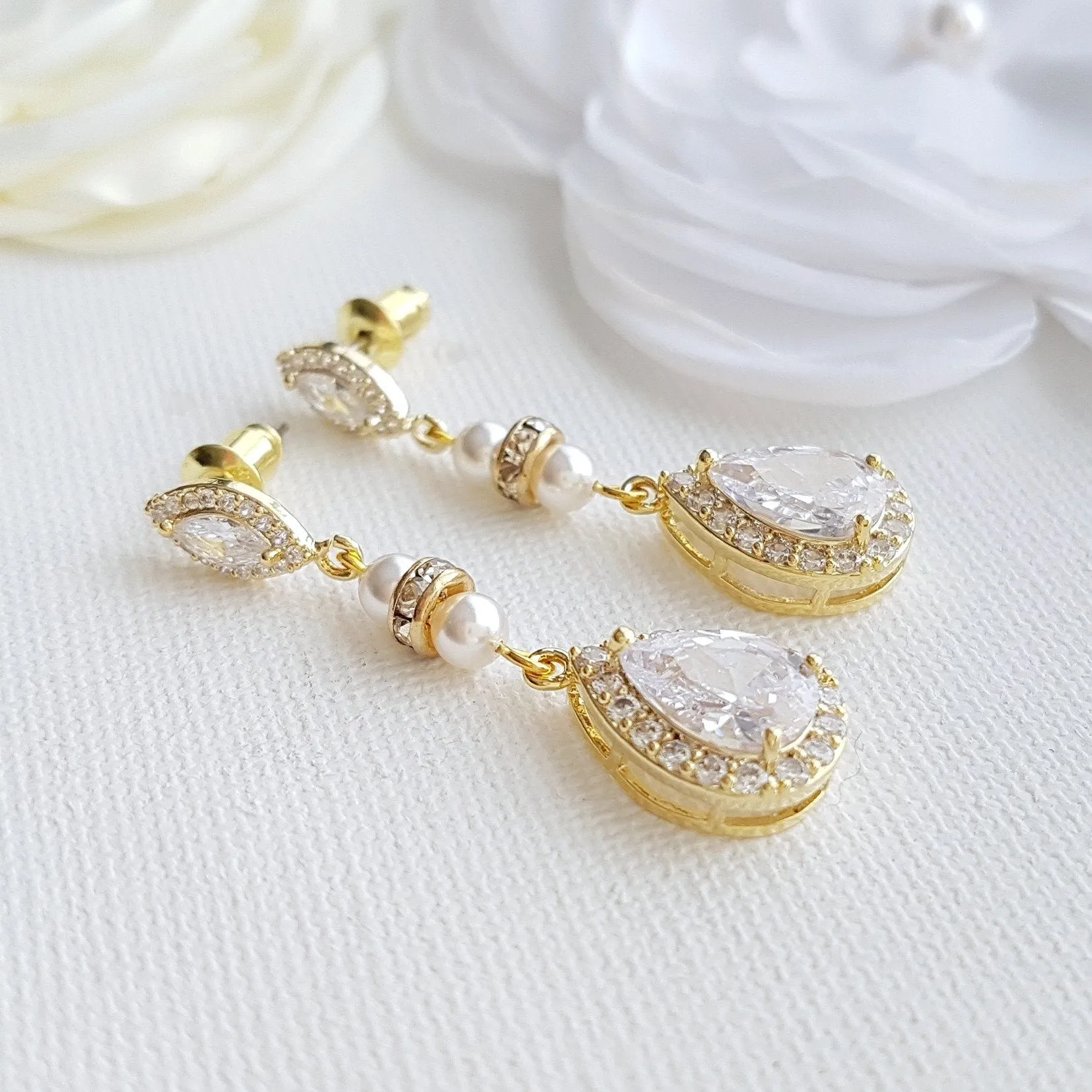 Rose Gold & Pearl Wedding Drop Earrings-Ella