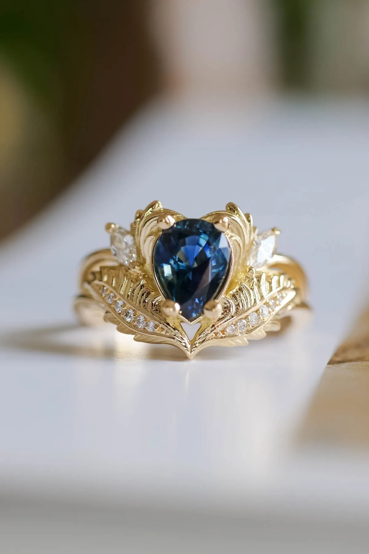 Royal blue sapphire engagement ring set, gorgeous bridal ring set / Adonis