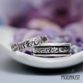 Silver Flower and Leaf Wedding Band Set | Moonkist Designs