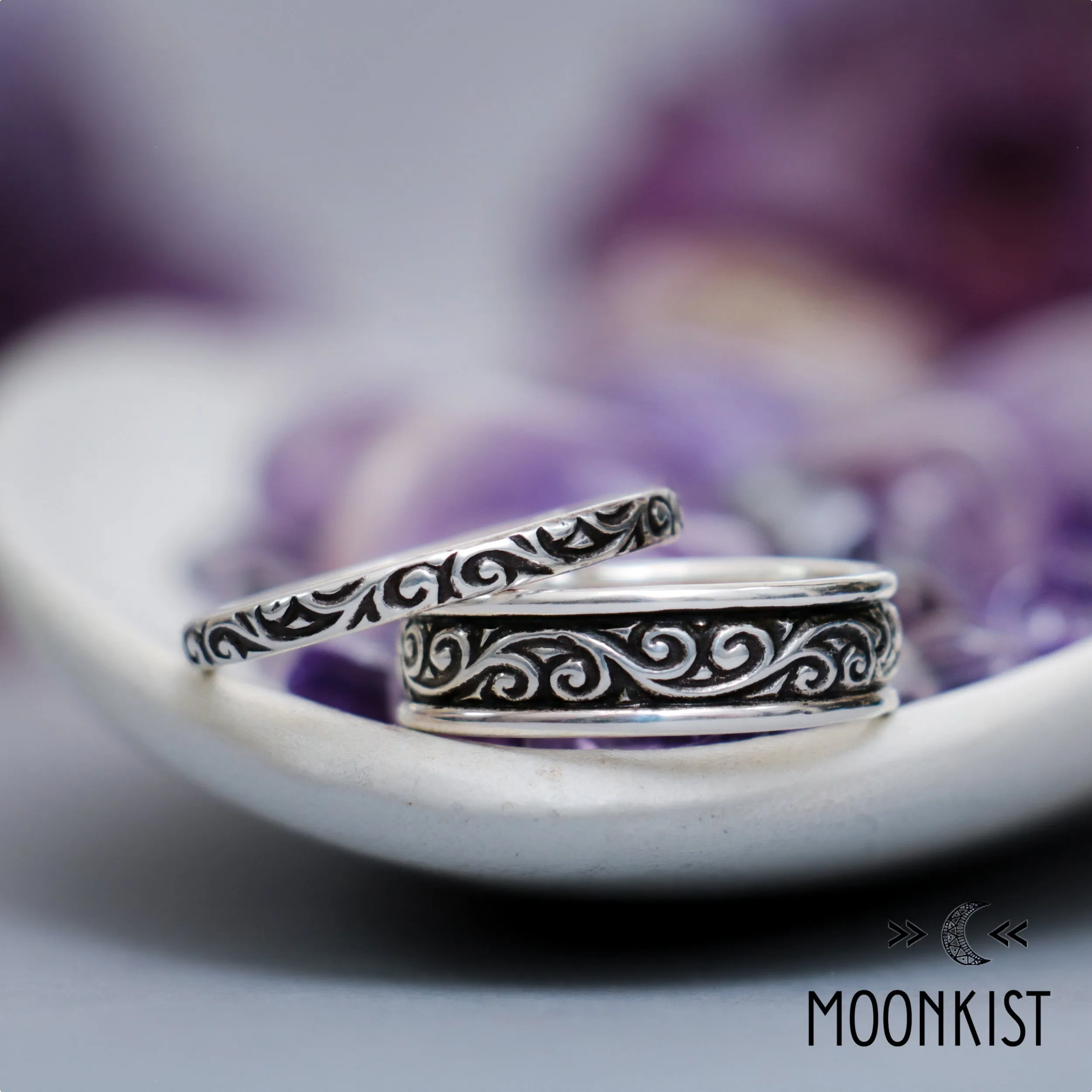 Silver Matching Flourish Wedding Ring Set | Moonkist Designs