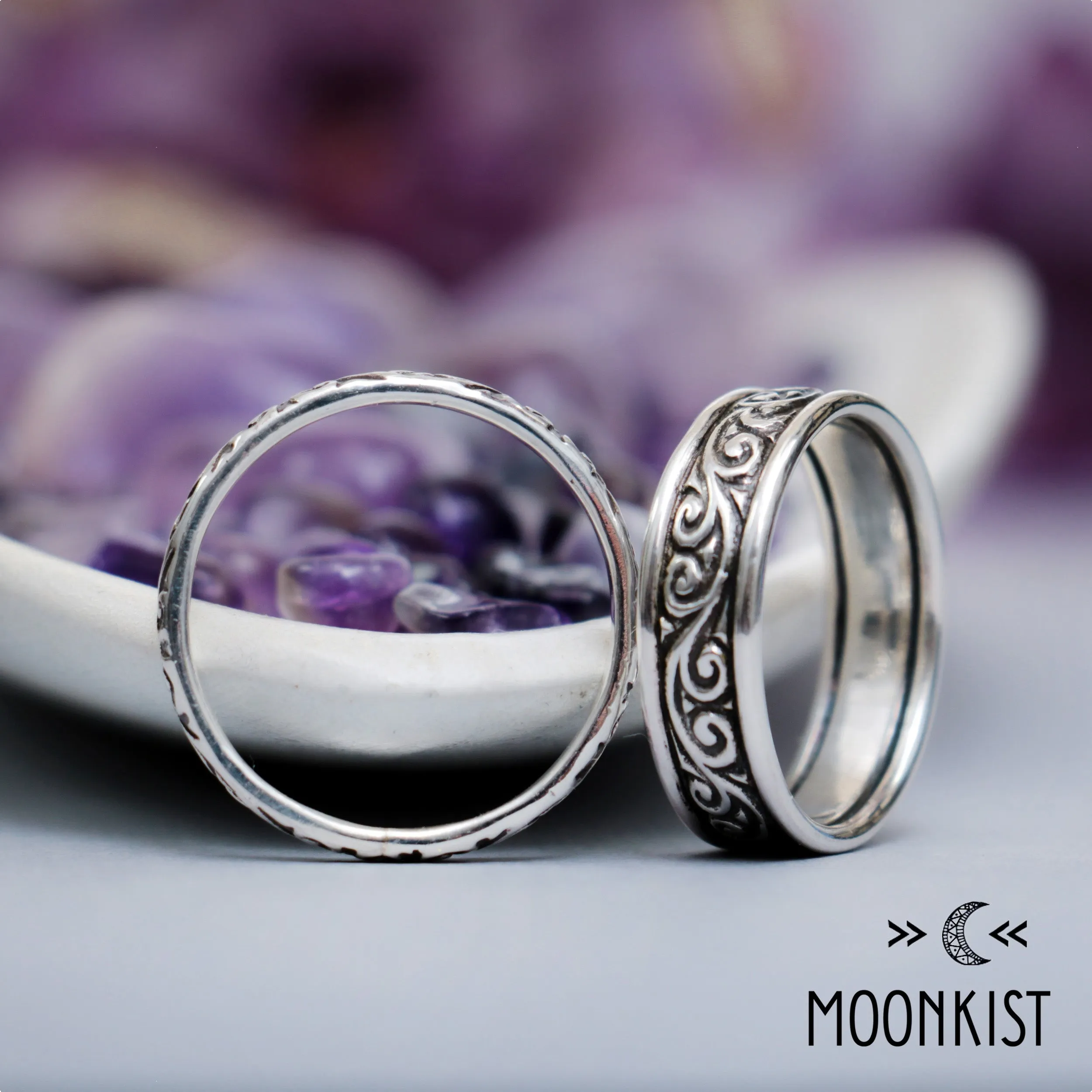 Silver Matching Flourish Wedding Ring Set | Moonkist Designs