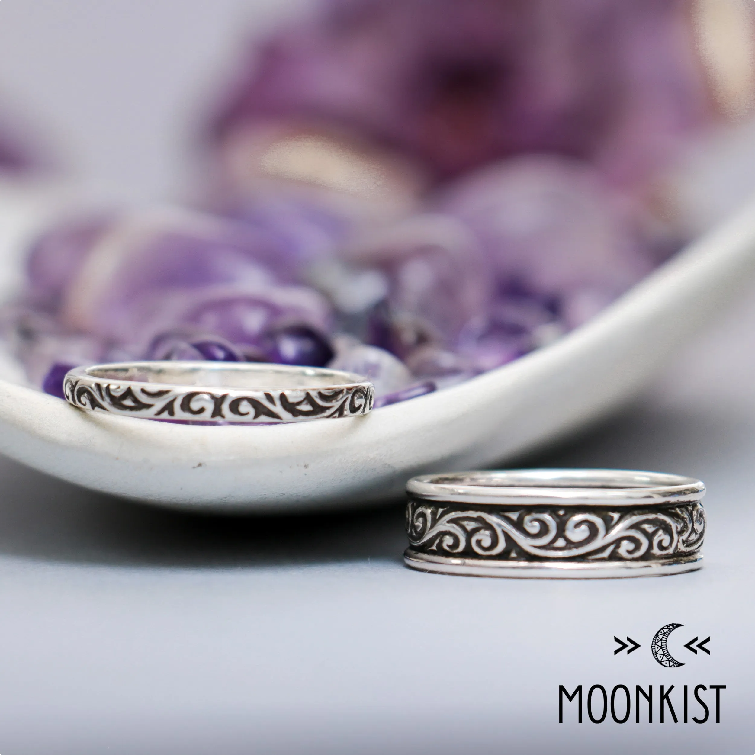 Silver Matching Flourish Wedding Ring Set | Moonkist Designs