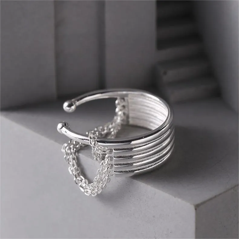 Silver Multi Layered Chain Tassel Plain Ring