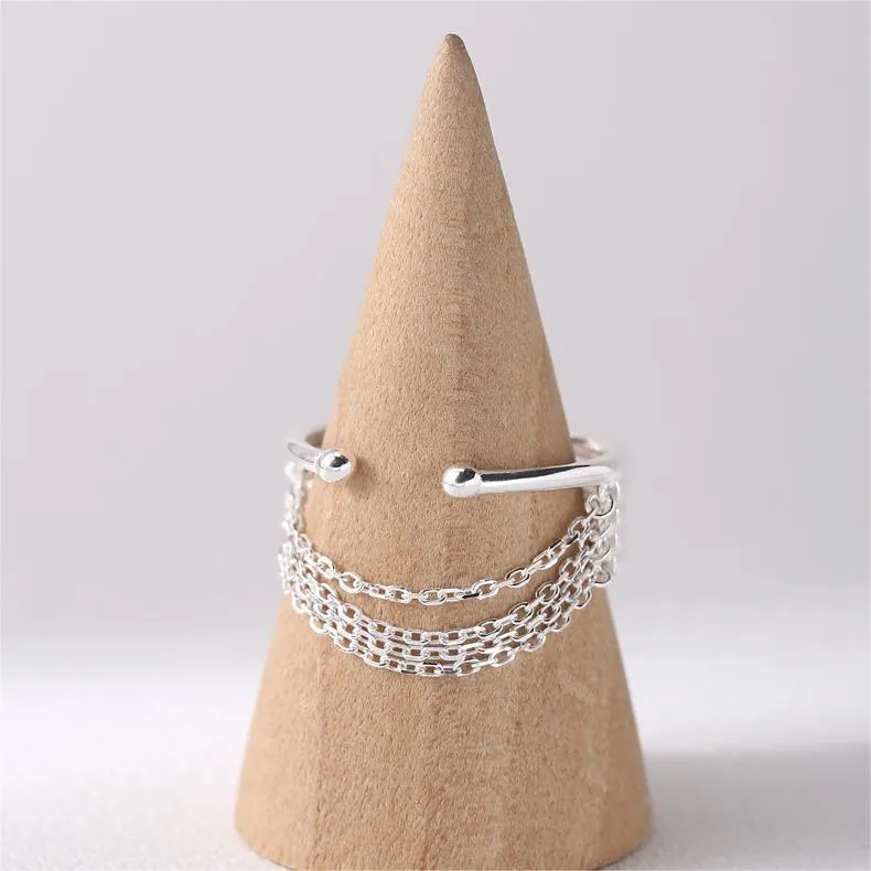 Silver Multi Layered Chain Tassel Plain Ring