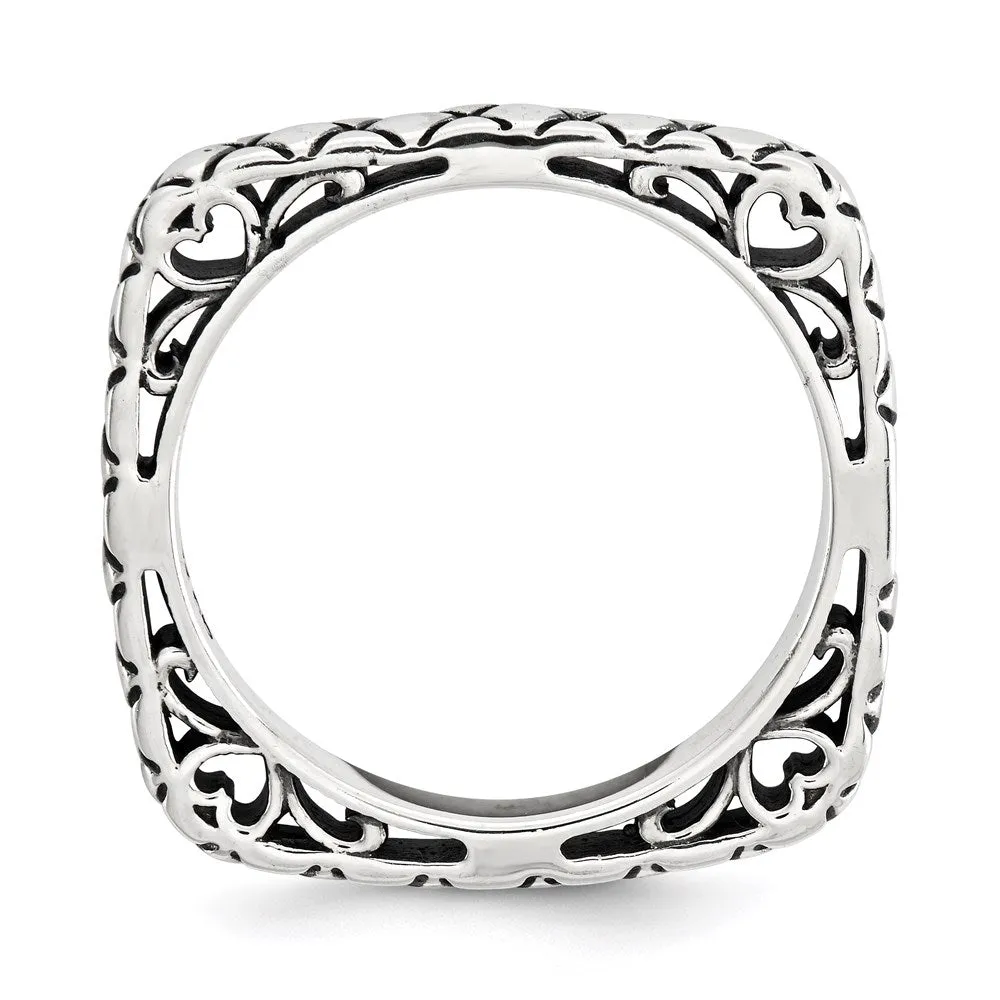 Stackable Expressions Polished Antiqued Square Ring in Sterling Silver