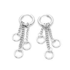 Stainless Steel 3 Drop Chains Huggie Hoop Earrings - Silver