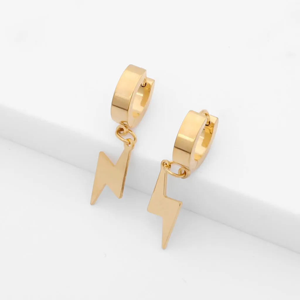 Stainless Steel Lightning Bolt Huggie Hoop Earrings - Gold