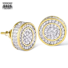 Sterling Silver 14K Gold/White Gold Round Iced Stud Mens Earrings KRKC