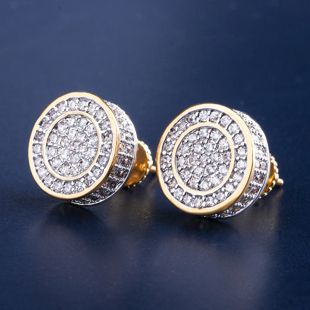 Sterling Silver 14K Gold/White Gold Round Iced Stud Mens Earrings KRKC