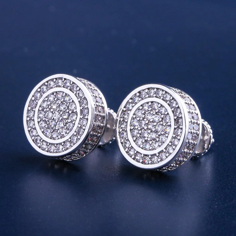 Sterling Silver 14K Gold/White Gold Round Iced Stud Mens Earrings KRKC