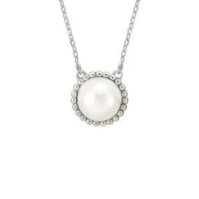 Sterling Silver White Pearl Necklace With Beaded Edge