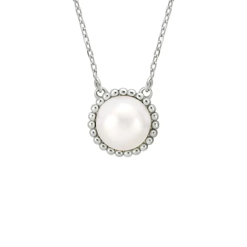 Sterling Silver White Pearl Necklace With Beaded Edge