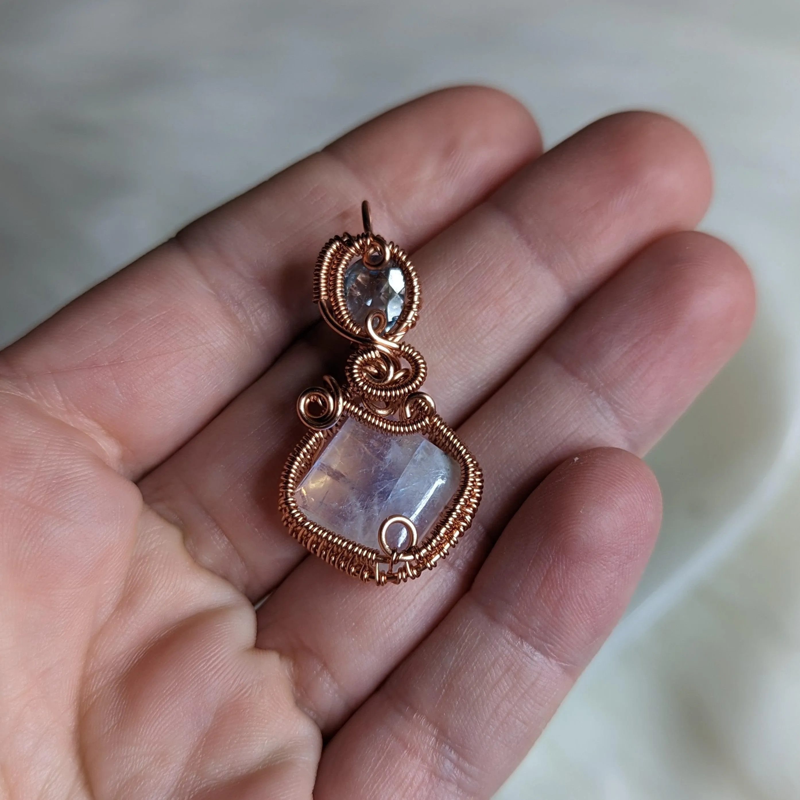 Stunning Copper Wire Wrapped Pendant ~ Moonstone and Blue Topaz