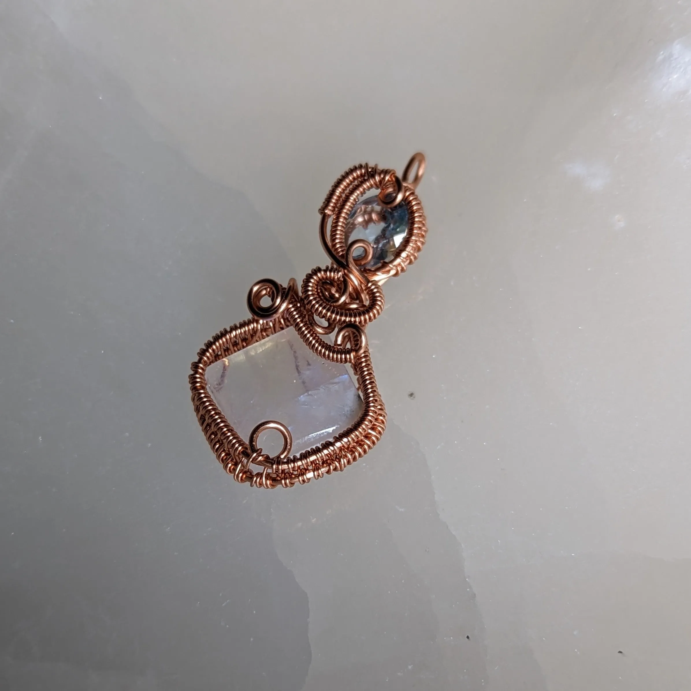 Stunning Copper Wire Wrapped Pendant ~ Moonstone and Blue Topaz