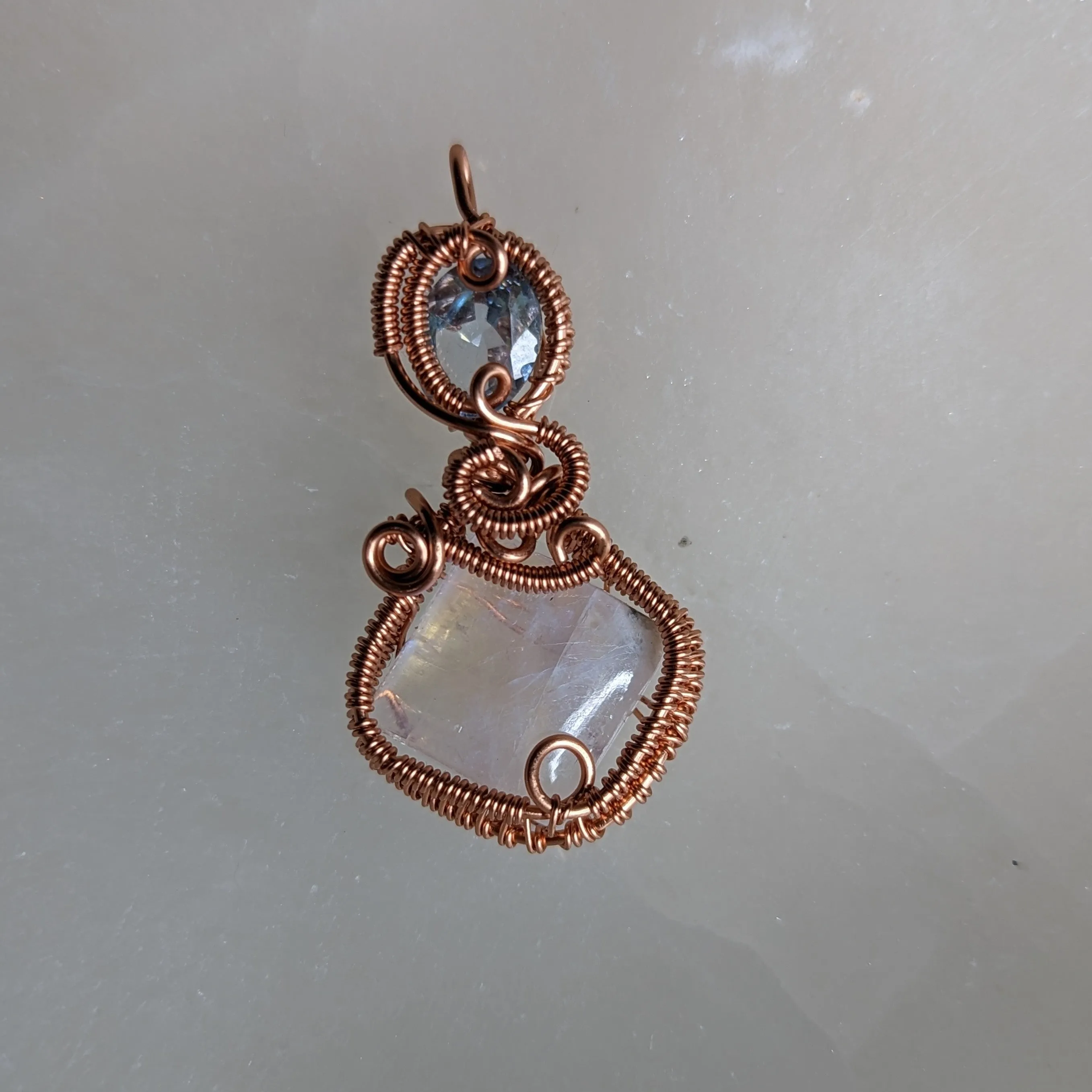 Stunning Copper Wire Wrapped Pendant ~ Moonstone and Blue Topaz