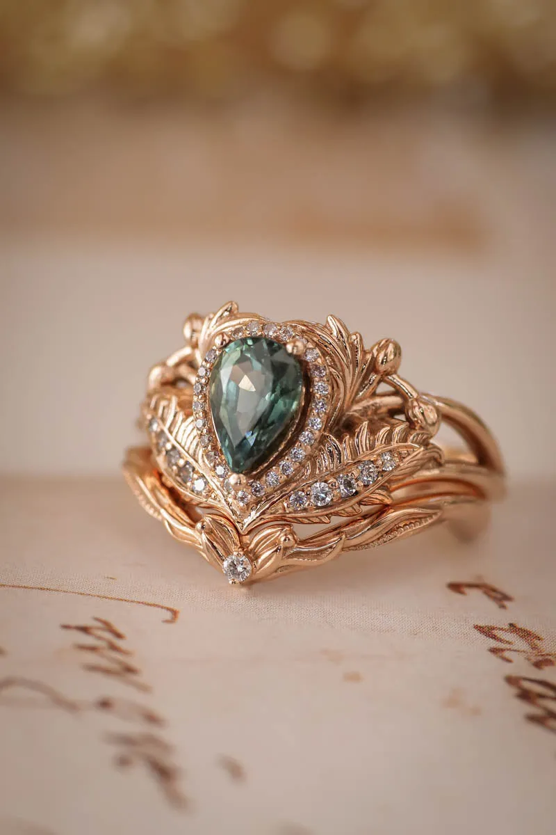 Teal sapphire bridal ring set with diamond halo / Adonis halo