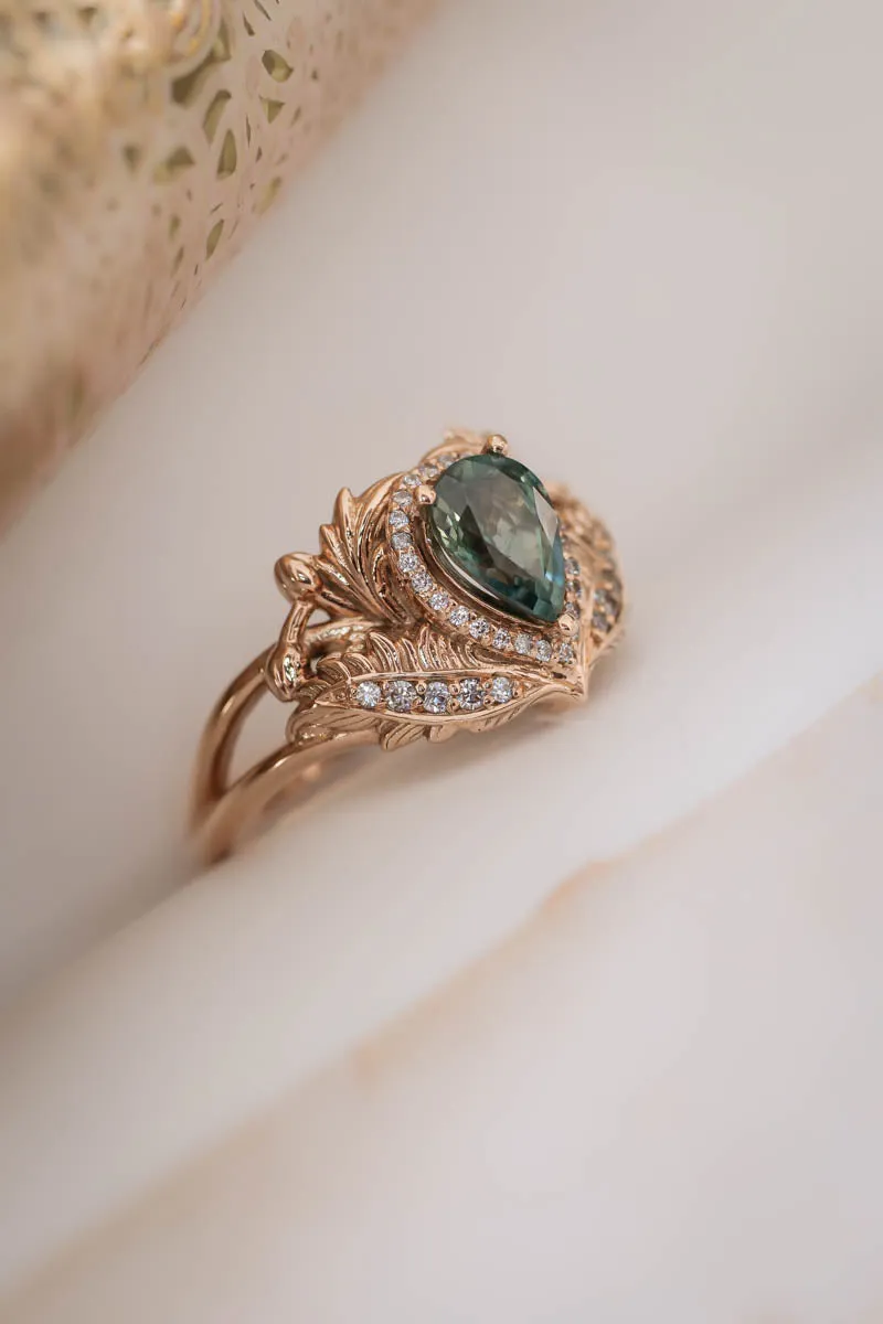 Teal sapphire bridal ring set with diamond halo / Adonis halo