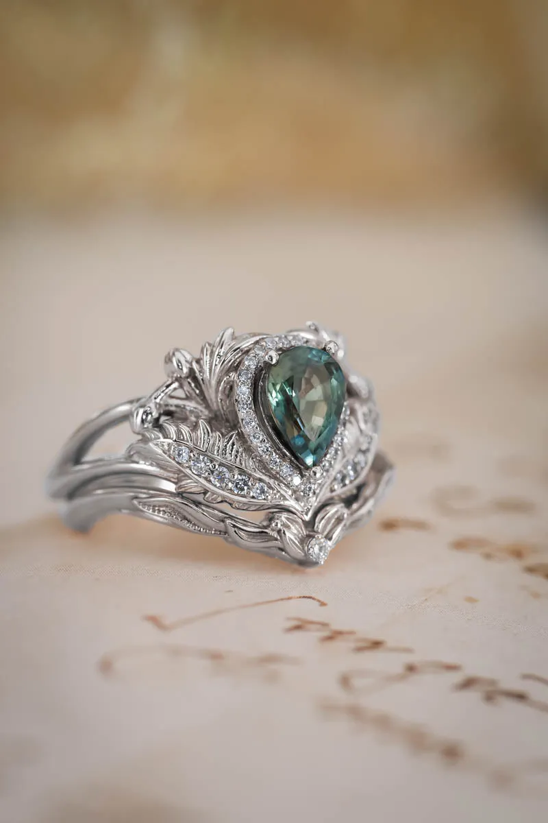 Teal sapphire bridal ring set with diamond halo / Adonis halo