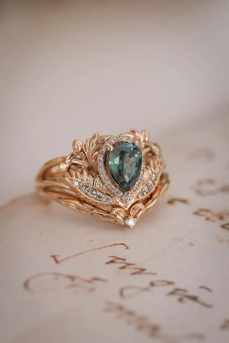 Teal sapphire bridal ring set with diamond halo / Adonis halo