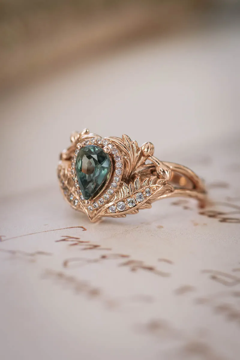 Teal sapphire bridal ring set with diamond halo / Adonis halo