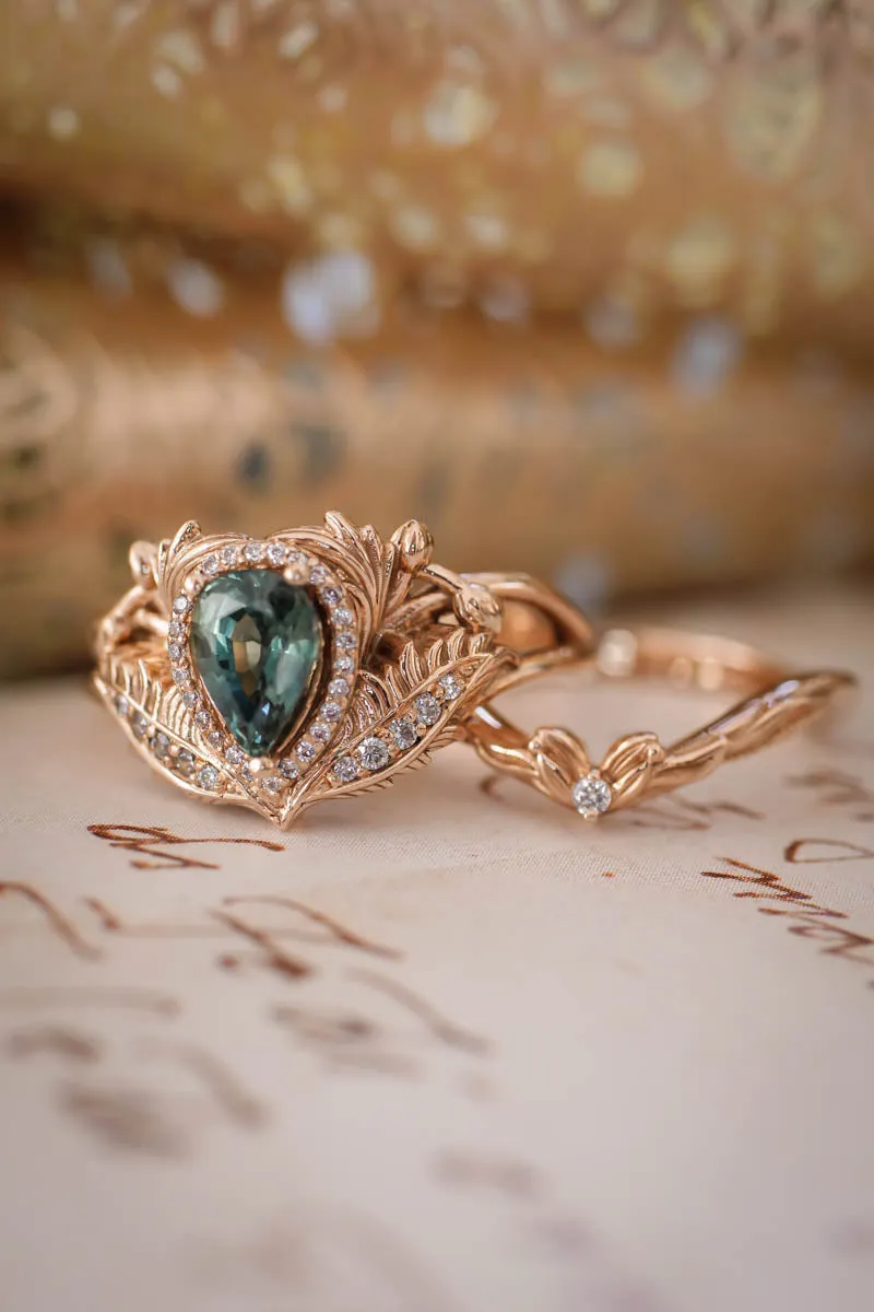 Teal sapphire bridal ring set with diamond halo / Adonis halo