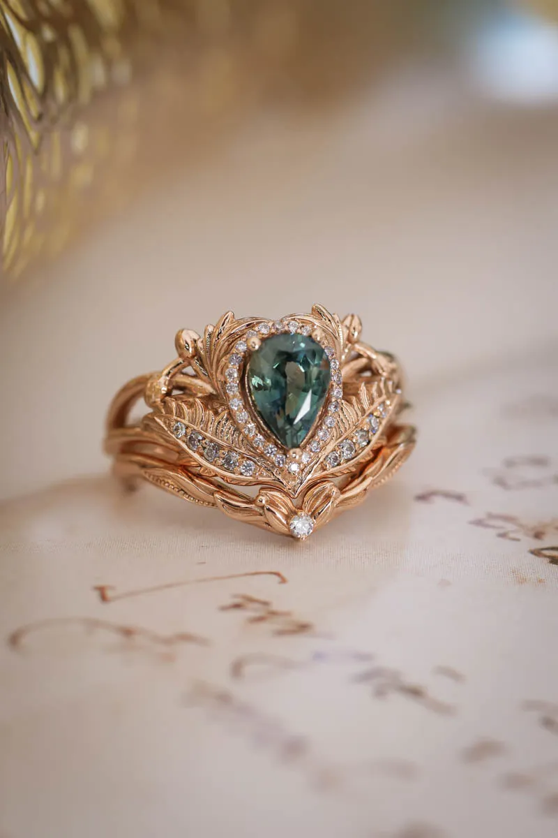 Teal sapphire bridal ring set with diamond halo / Adonis halo