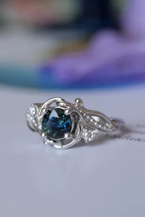 Teal Sapphire nature themed engagement ring, elvish white gold proposal ring / Undina