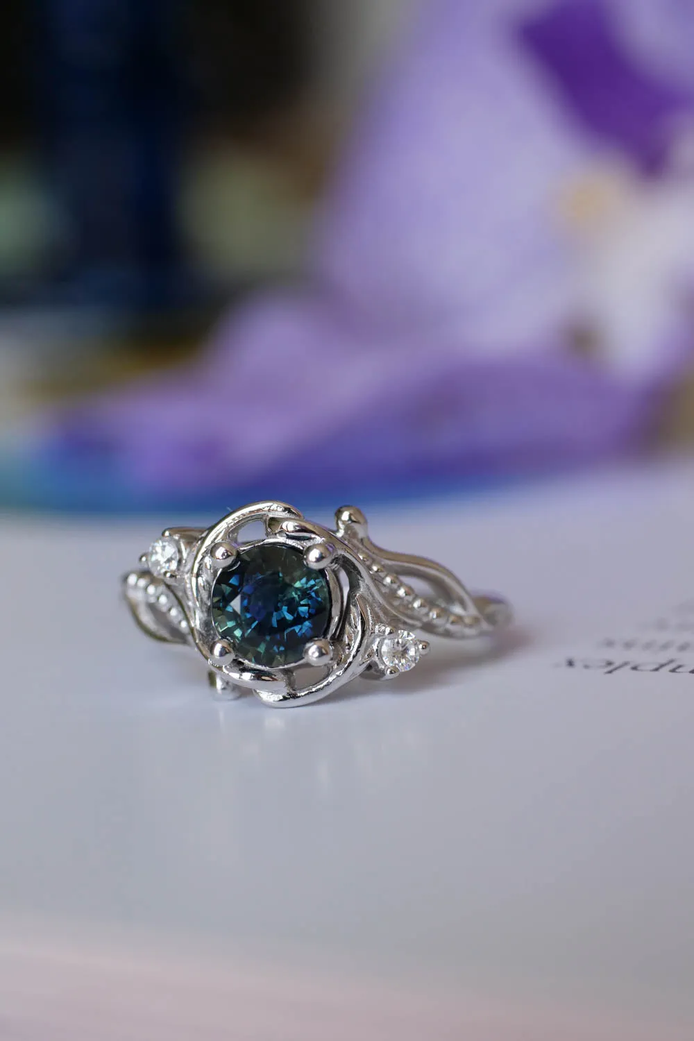 Teal Sapphire nature themed engagement ring, elvish white gold proposal ring / Undina