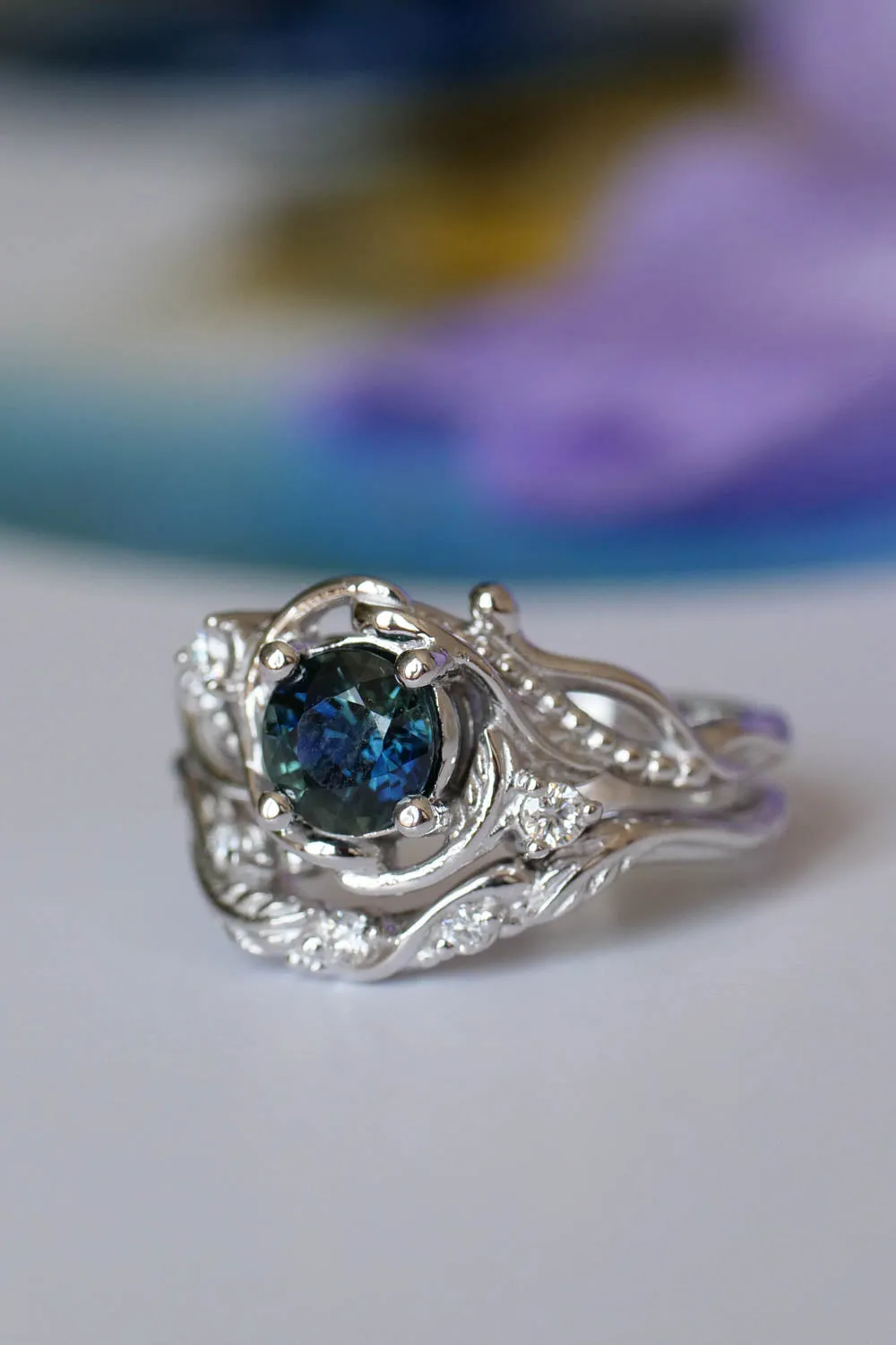 Teal Sapphire nature themed engagement ring, elvish white gold proposal ring / Undina