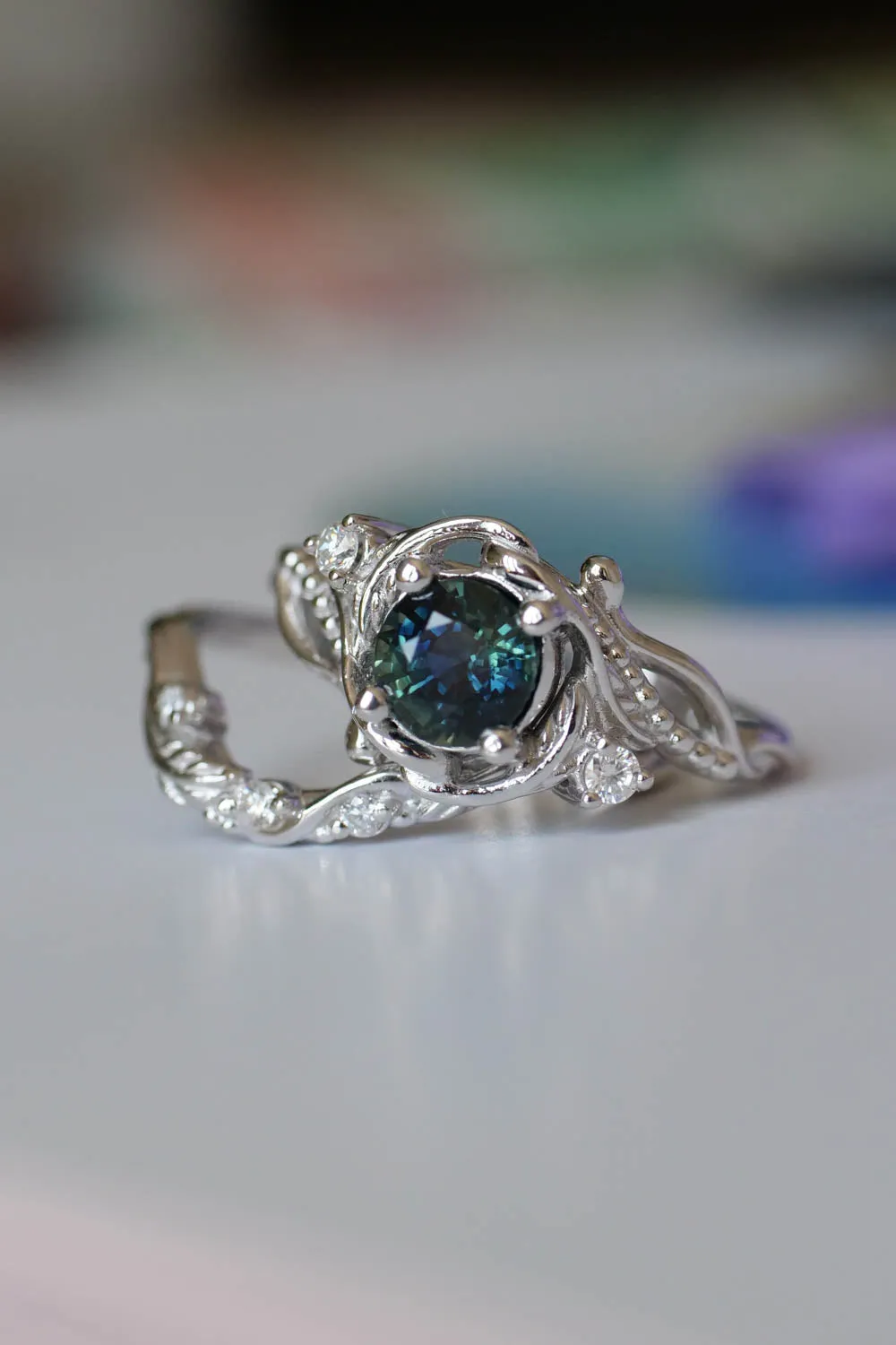 Teal Sapphire nature themed engagement ring, elvish white gold proposal ring / Undina