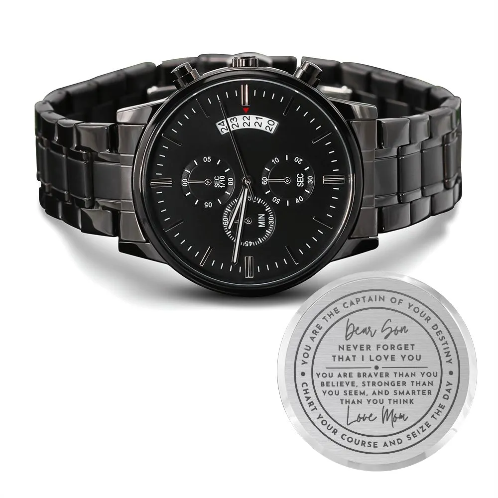 To Son Gift From Mom, Seize The Day Inspirational Engraved Black Chronograph Watch