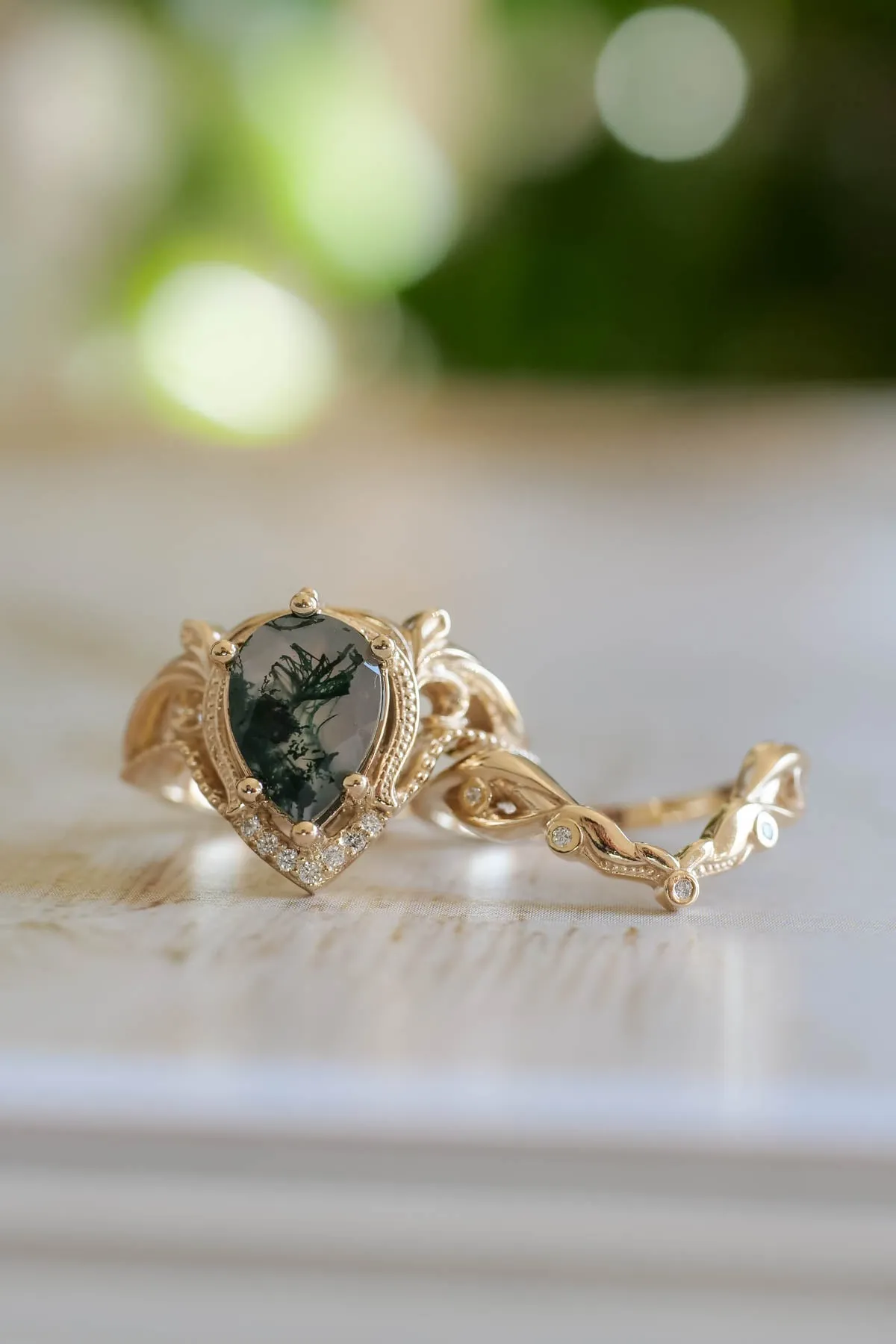 Unique moss agate bridal ring set, alternative engagement ring set / Lida