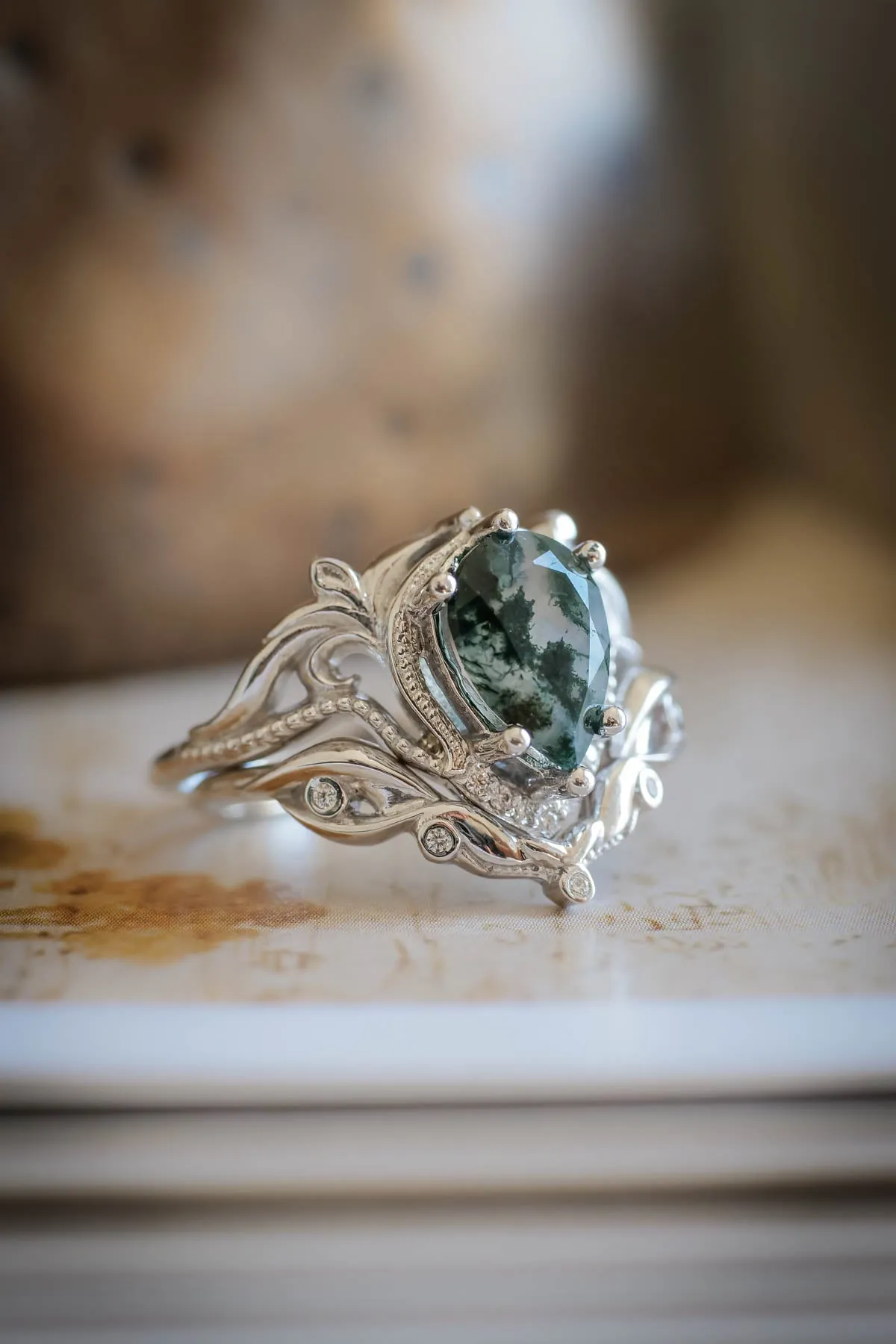 Unique moss agate bridal ring set, alternative engagement ring set / Lida