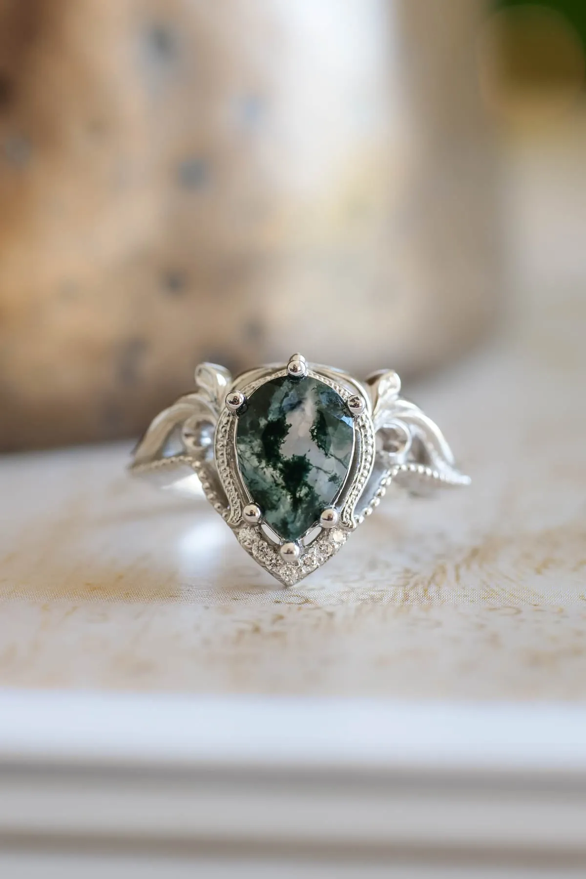 Unique moss agate bridal ring set, alternative engagement ring set / Lida