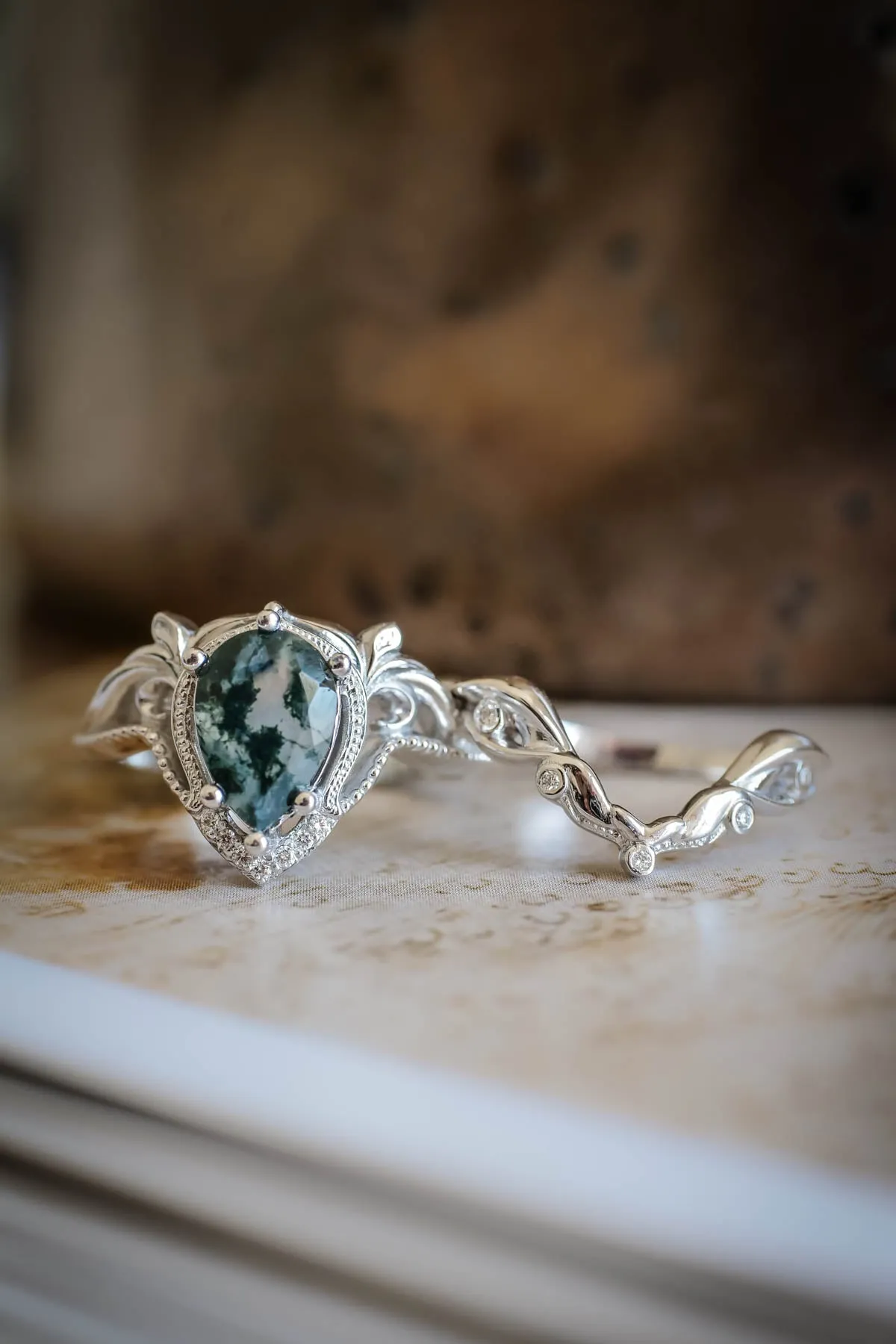 Unique moss agate bridal ring set, alternative engagement ring set / Lida