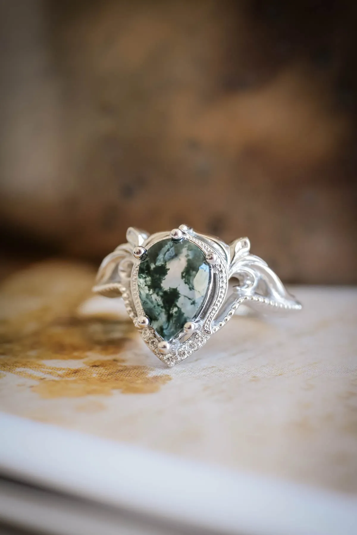 Unique moss agate bridal ring set, alternative engagement ring set / Lida