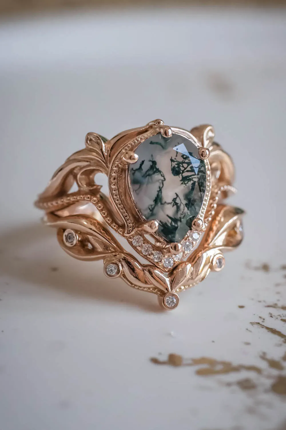 Unique moss agate bridal ring set, alternative engagement ring set / Lida