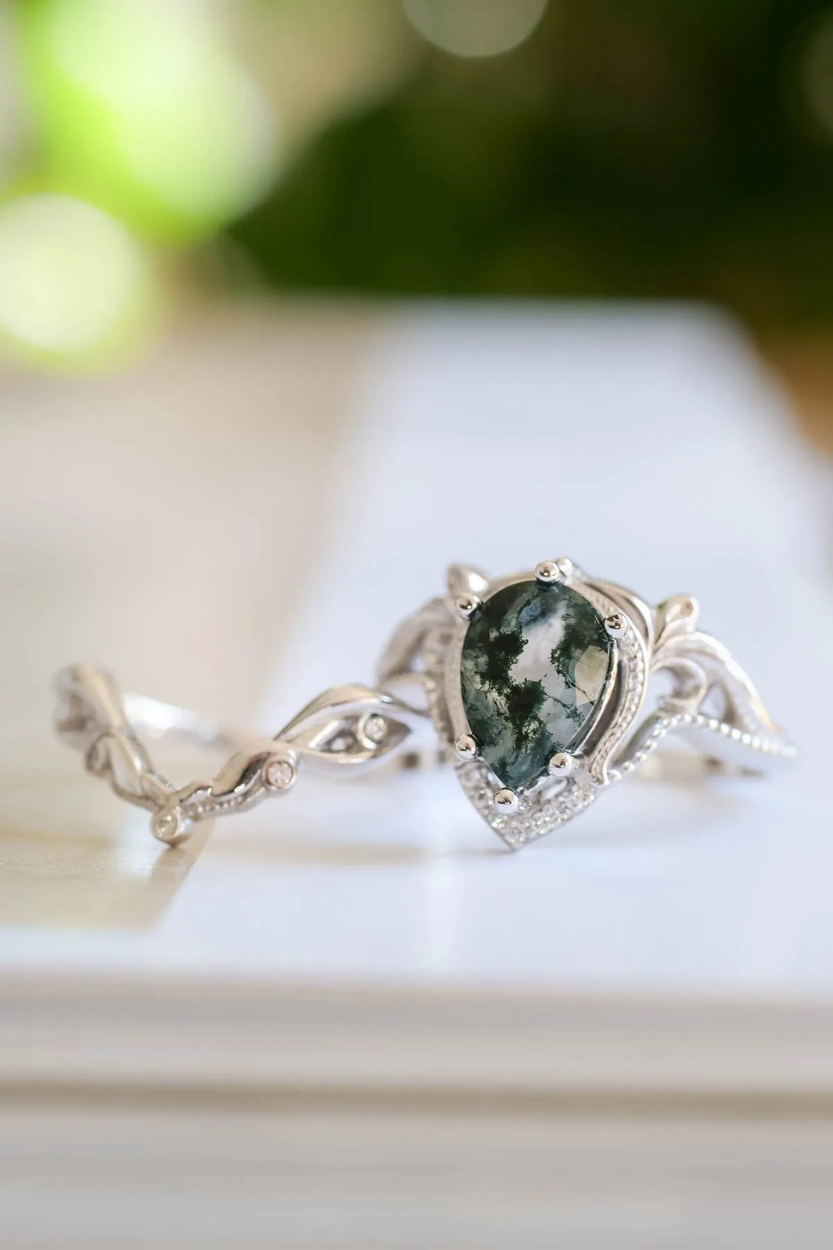 Unique moss agate bridal ring set, alternative engagement ring set / Lida