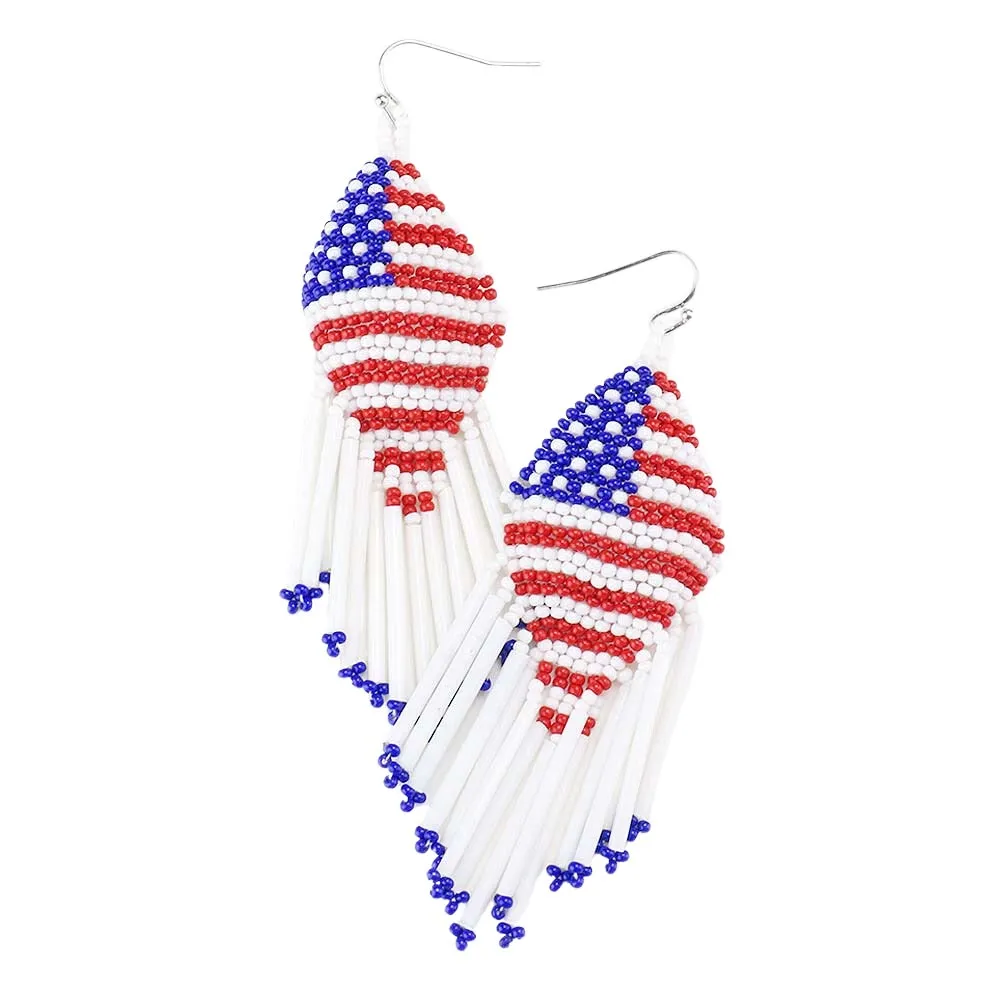 USA Flag Seed Beaded Fringe Earrings