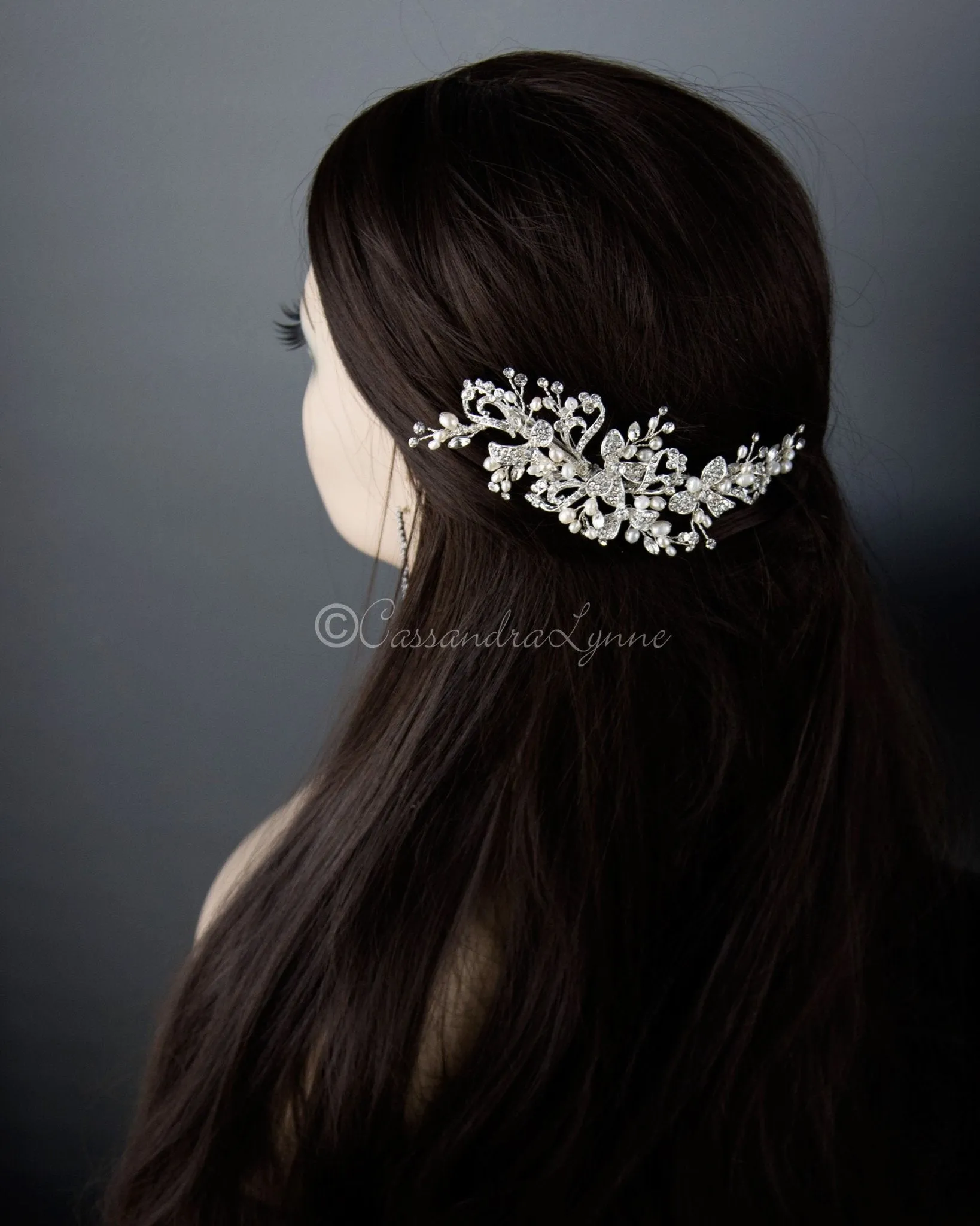 Wedding Hair Clip of Crystal Flowers and Pearls