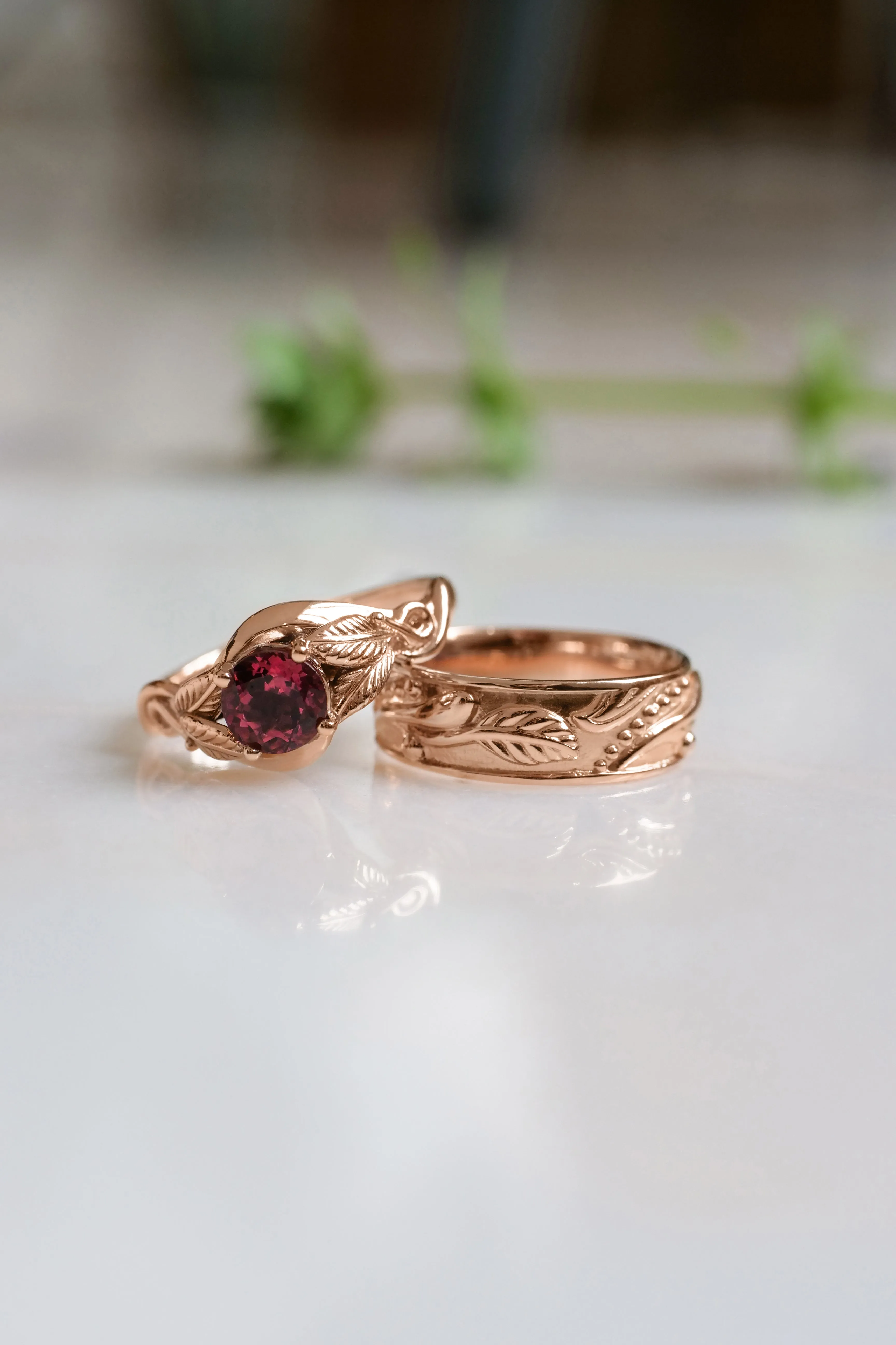 Wedding rings set for couple: nature themed band for him, leaves band with pink tourmaline for her