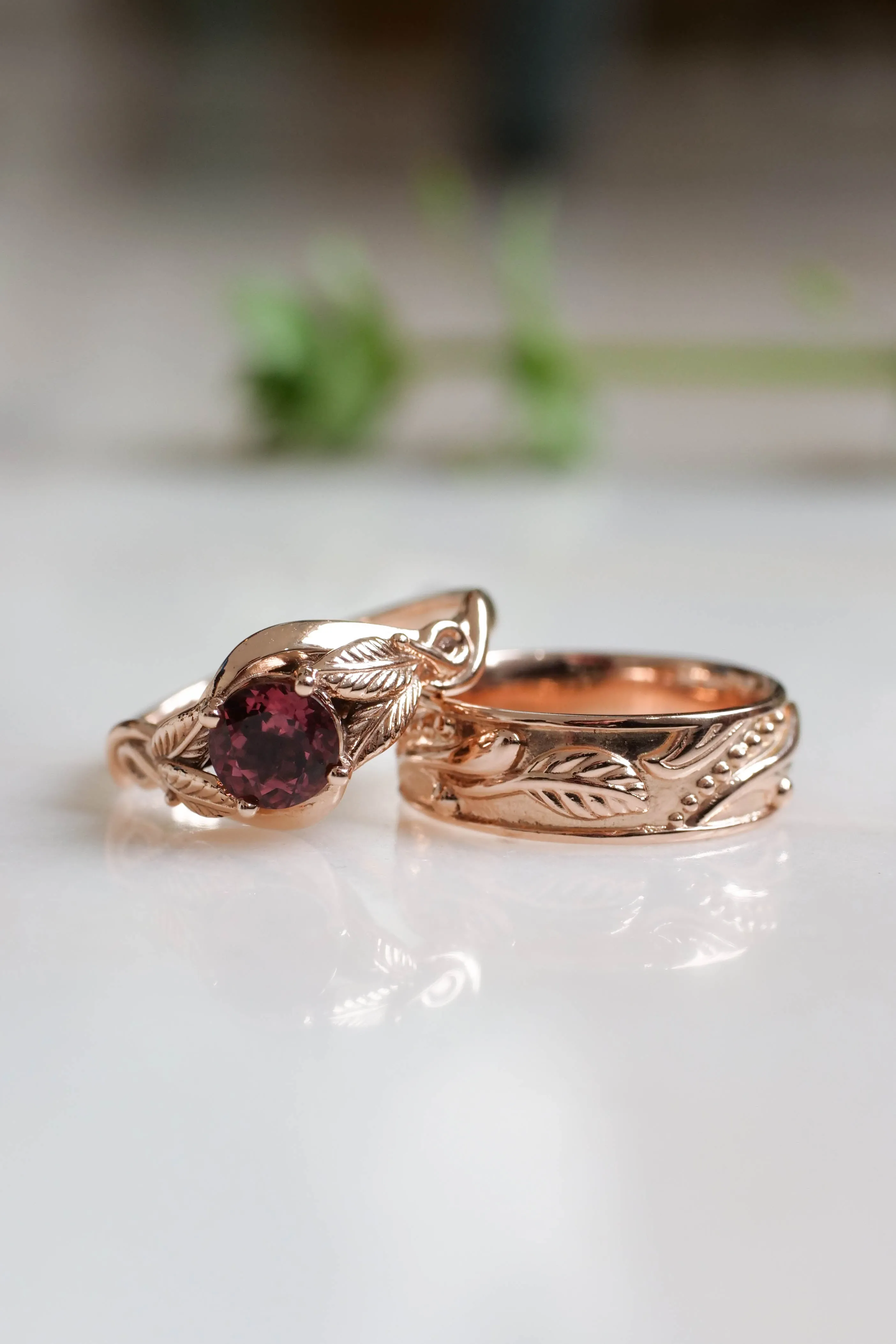 Wedding rings set for couple: nature themed band for him, leaves band with pink tourmaline for her