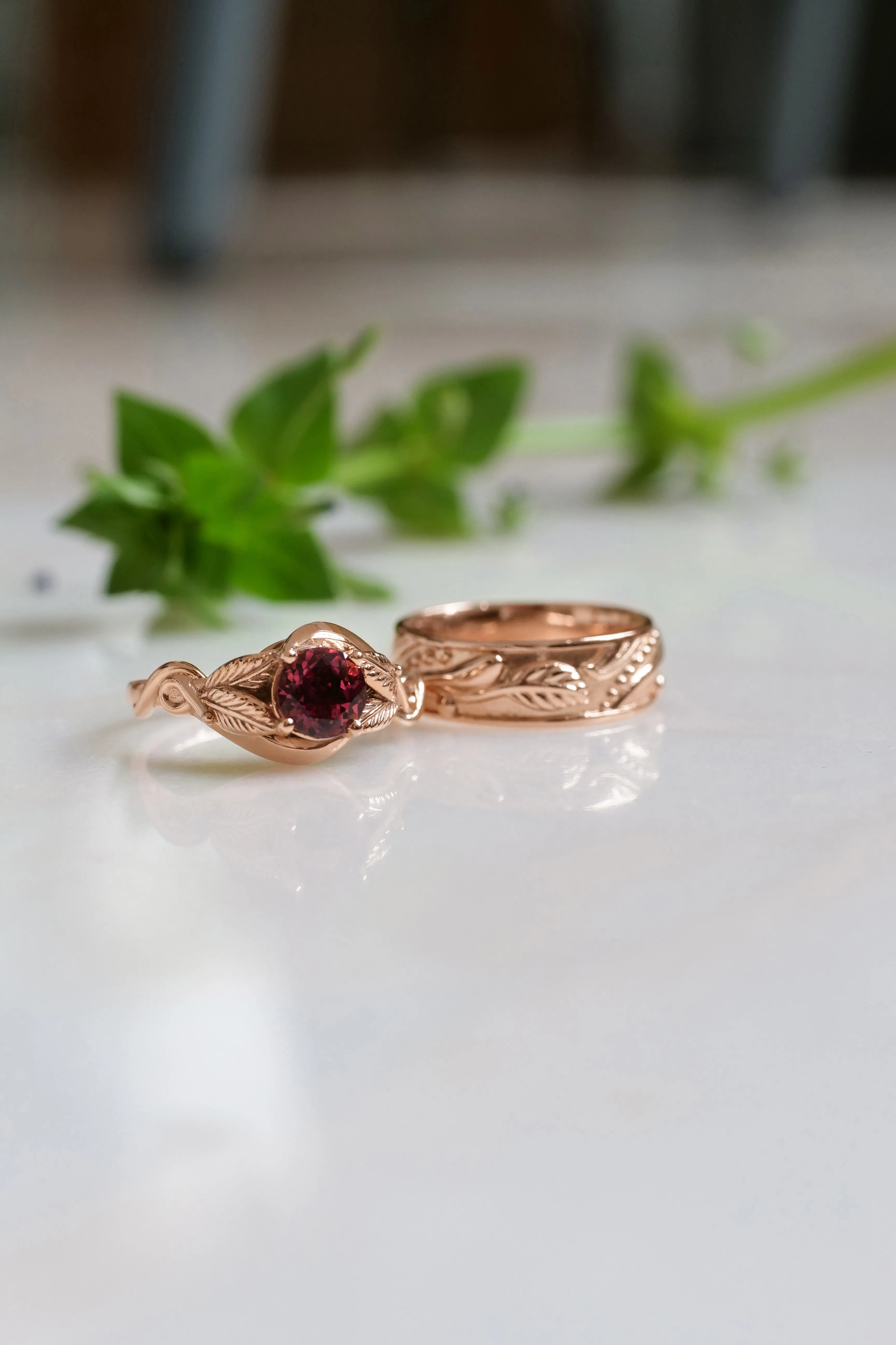 Wedding rings set for couple: nature themed band for him, leaves band with pink tourmaline for her