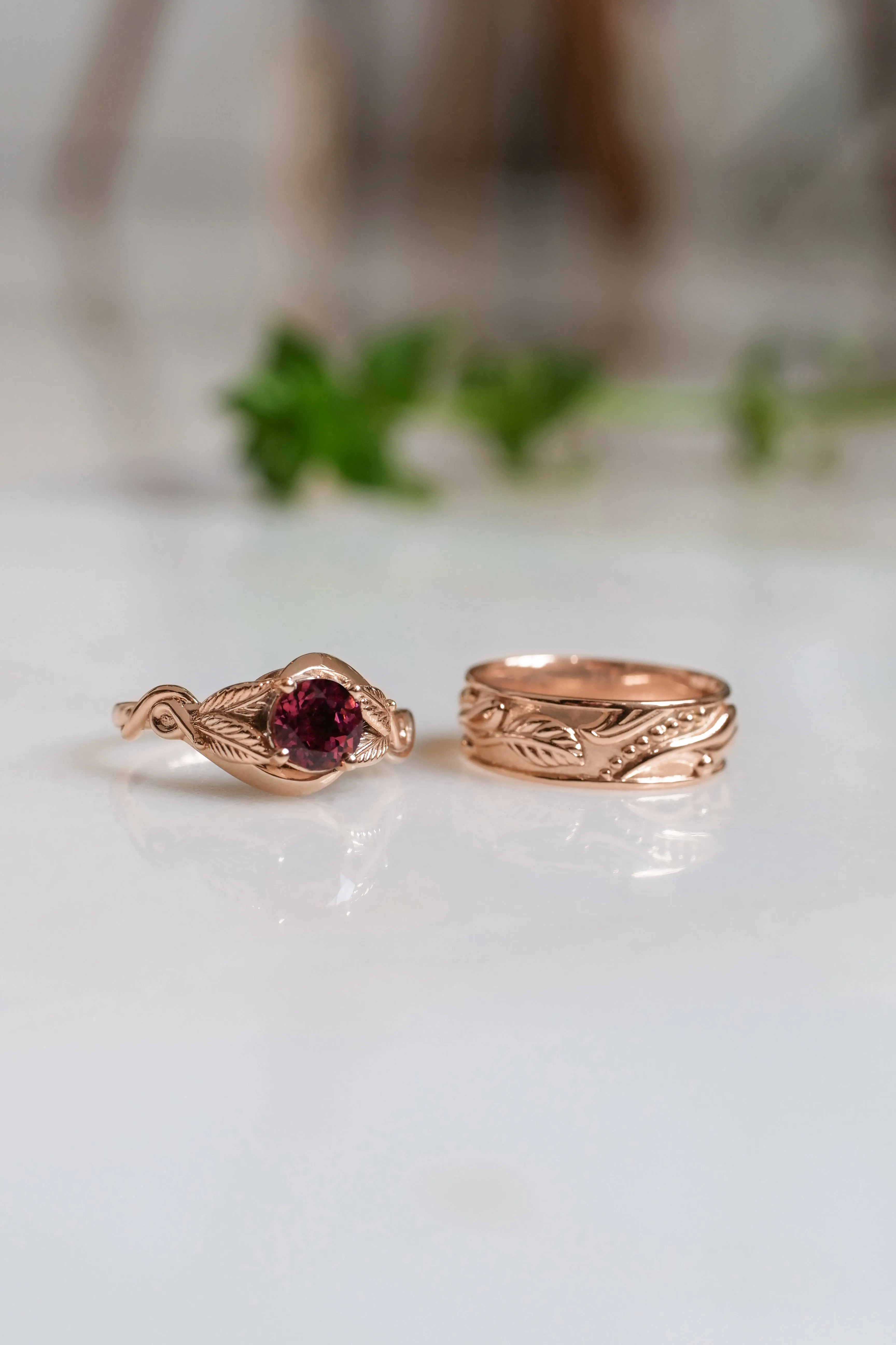 Wedding rings set for couple: nature themed band for him, leaves band with pink tourmaline for her