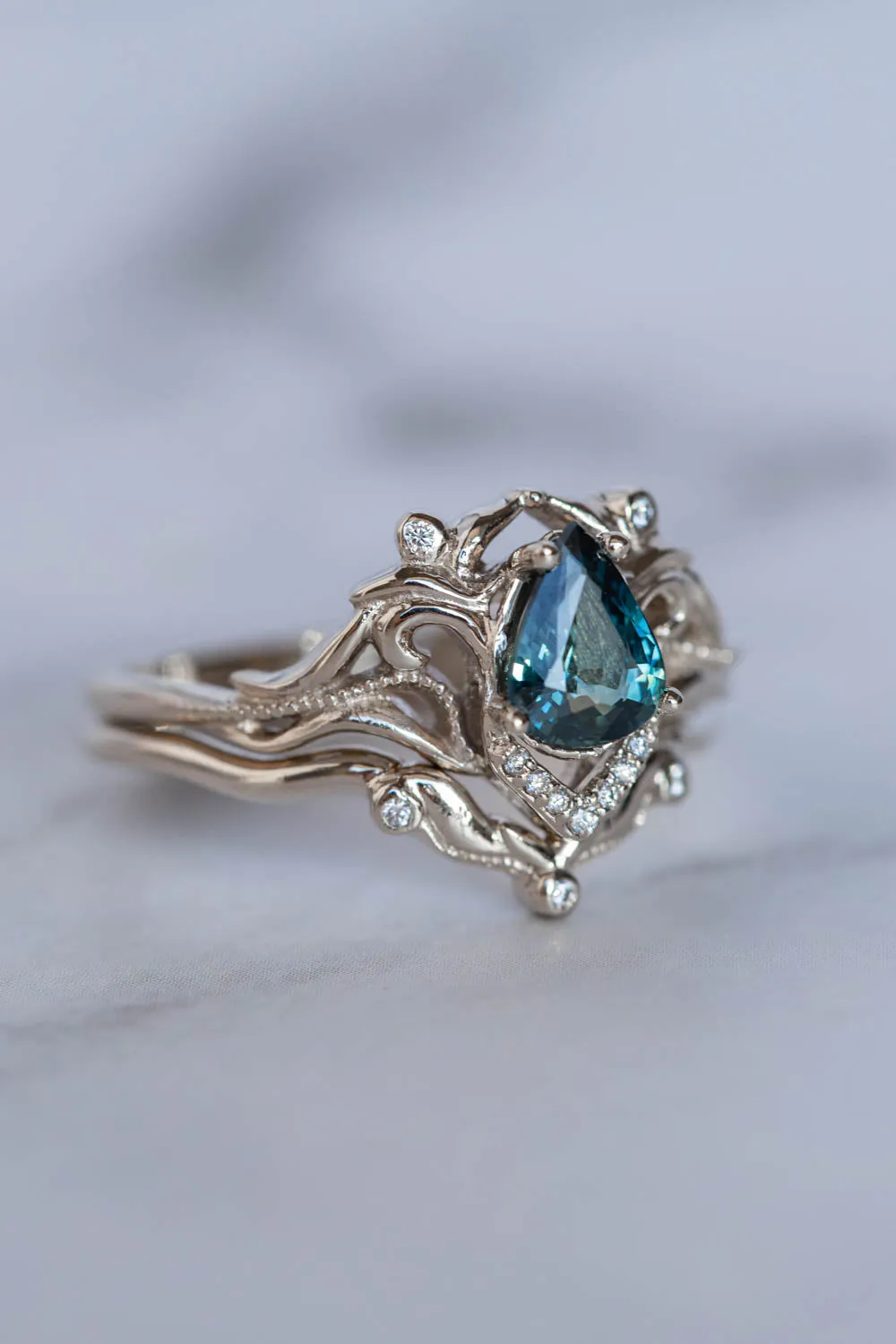 White gold engagement ring with teal sapphire, elvish bridal ring with diamonds / Lida small