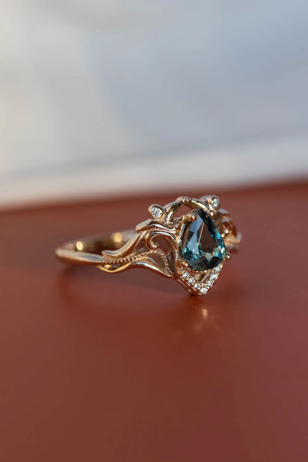 White gold engagement ring with teal sapphire, elvish bridal ring with diamonds / Lida small