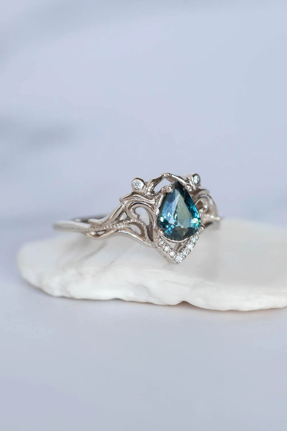 White gold engagement ring with teal sapphire, elvish bridal ring with diamonds / Lida small