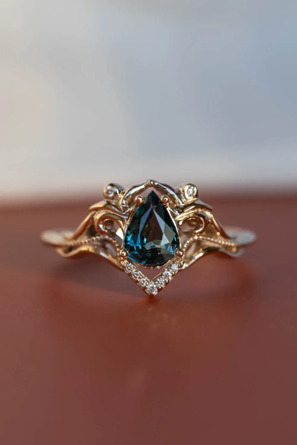 White gold engagement ring with teal sapphire, elvish bridal ring with diamonds / Lida small