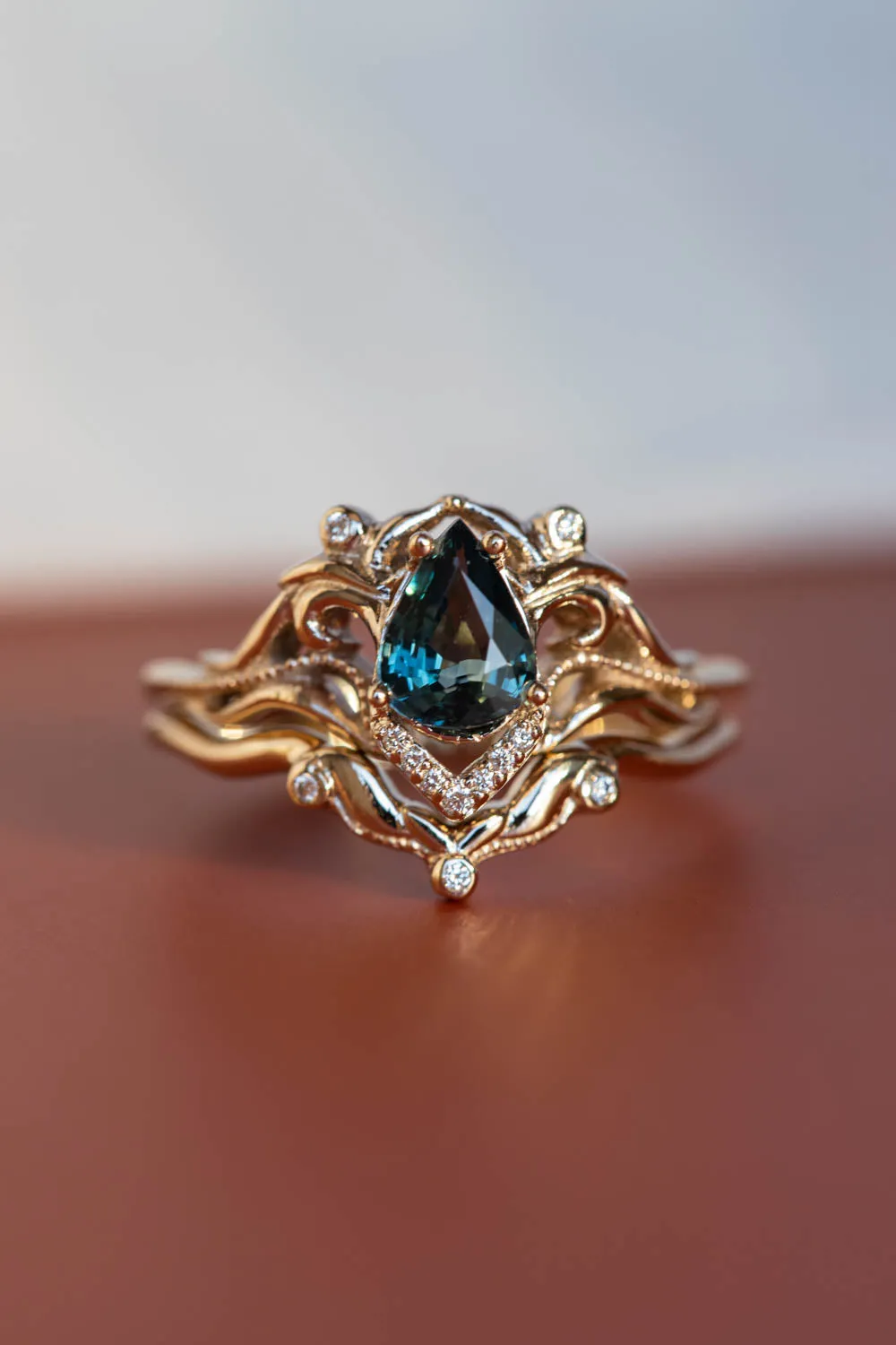 White gold engagement ring with teal sapphire, elvish bridal ring with diamonds / Lida small